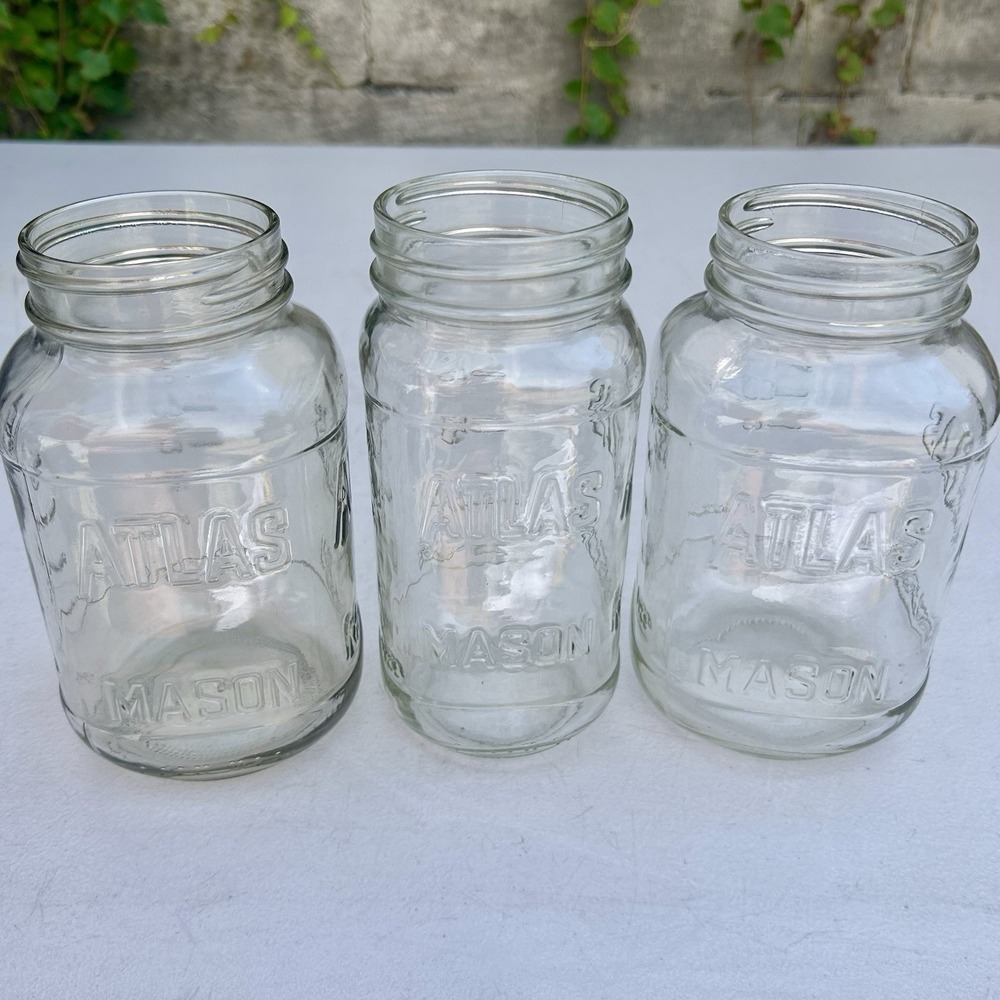 3 Atlas Mason Vintage Clear Glass Jars Strong Shoulder 24 oz 16 oz Mixed Lot